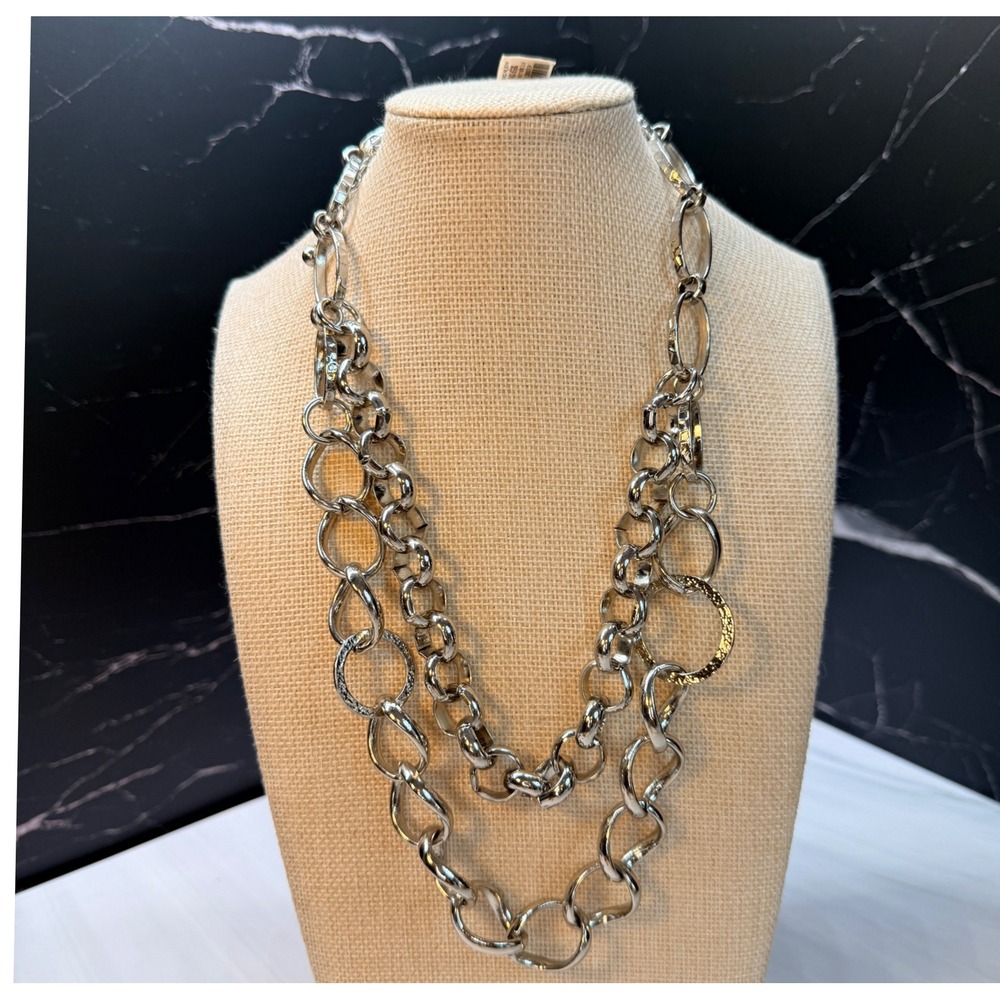 Chicos Kate Double Link Chunky Chain Necklace Silver Tone Layered Chicos